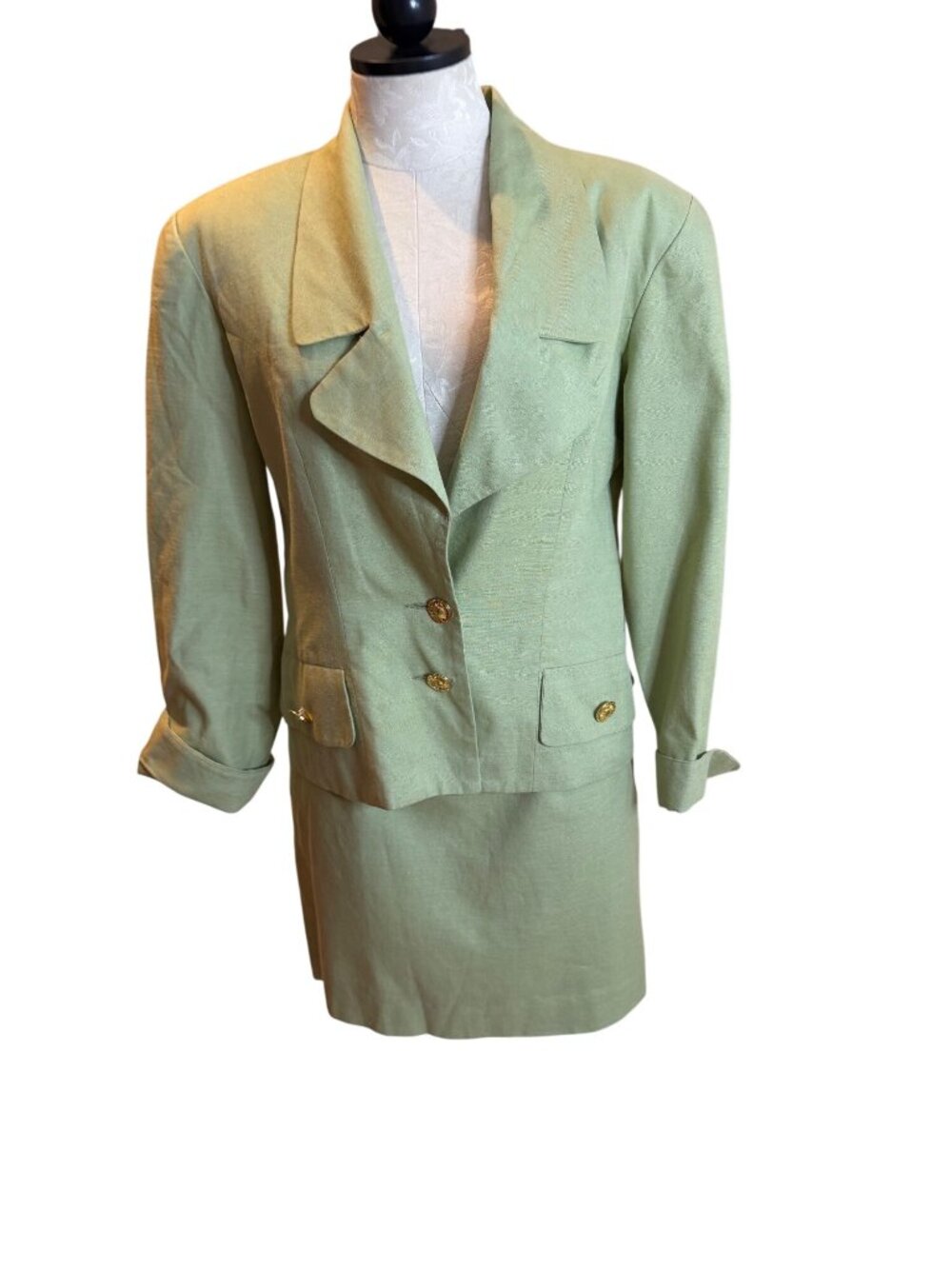 Banu Paris Womens Classic Tailored Skirt Suit Size 10 Green Lined USA Vintage